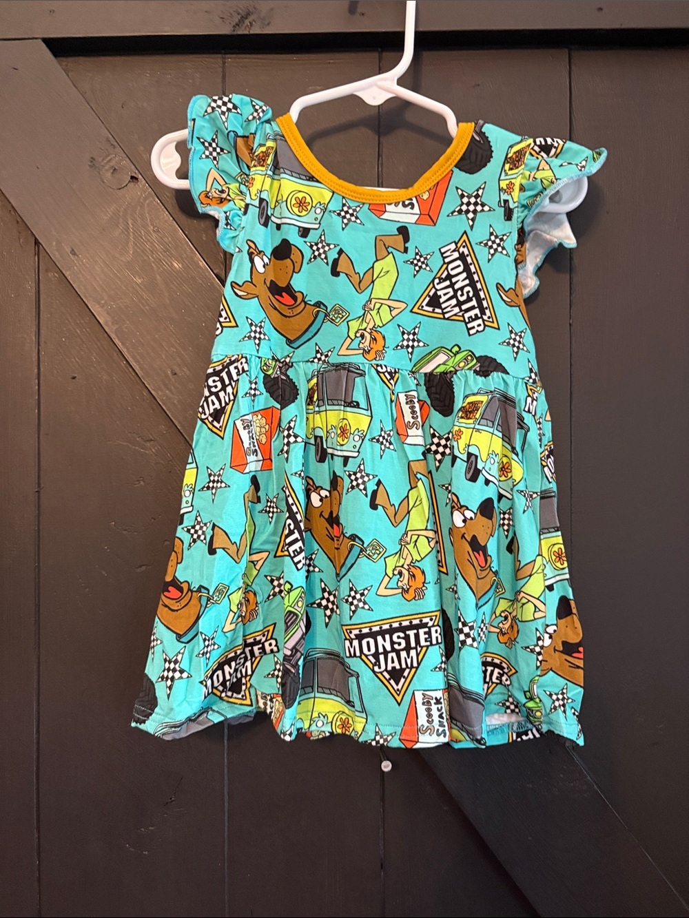 BAMBOO Teal Scooby-Doo & Monster Jam Print Dress with Yellow Trim